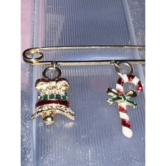 Gold Tone Brooch Safety Pin Christmas Holiday Dangle Charms Bell Candy Cane - Picture 5 of 8